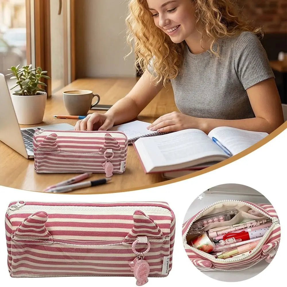 Pink Cat Ear Pencil Case – Large Capacity Canvas Pen Bag Canvas Pencil Case HIP
