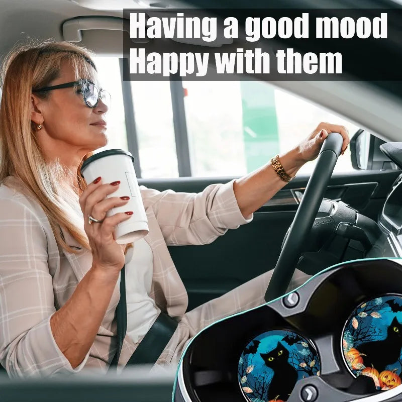 Halloween Car Cup Holder Coasters 2-Pack – Bat & Black Cat Car Cup Coasters HIP