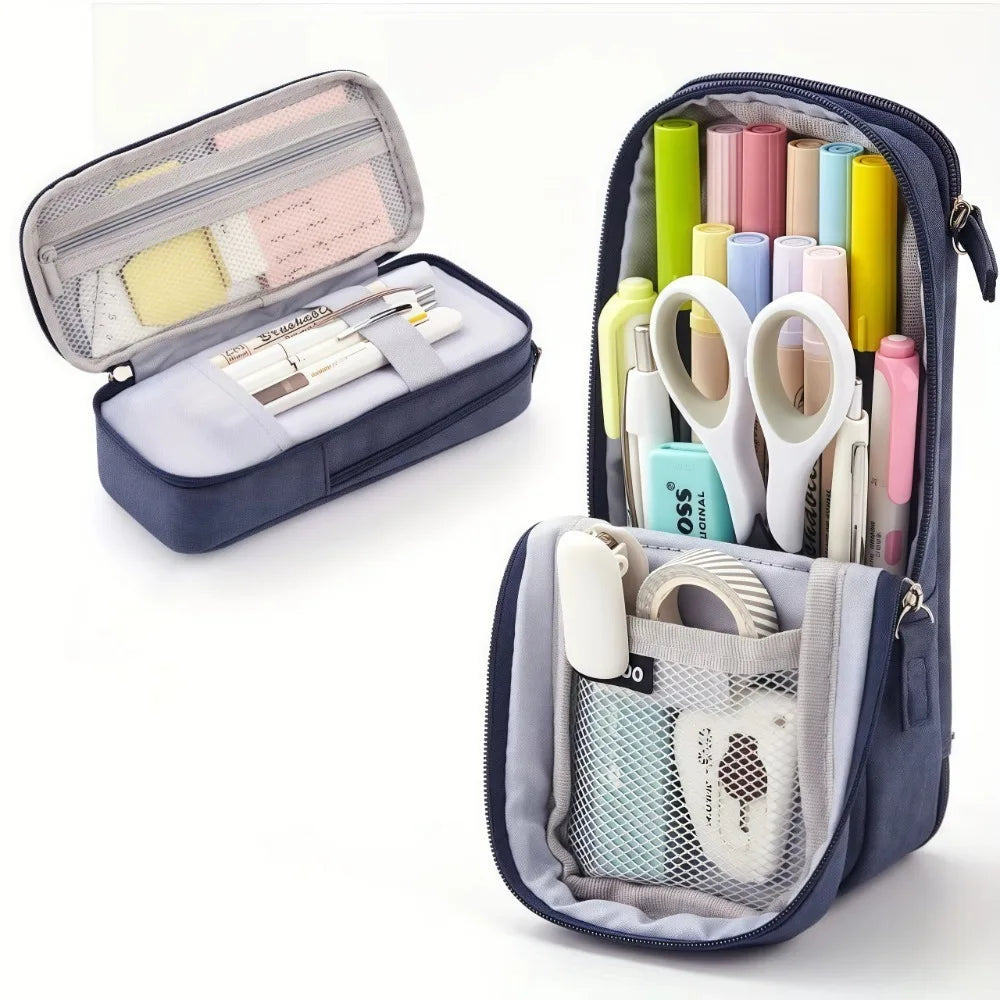 Foldable Canvas Pencil Case – Large Double-Layer Pencil Pouch Canvas Pencil Case HIP Dark Blue
