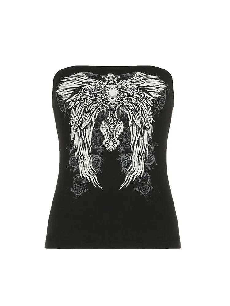 Gothic Print Black Tube Top Women Strapless Skinny Cropped Tops Summer Casual Chic Graphic Tees Y2K Streetwear Vest Basic HIP