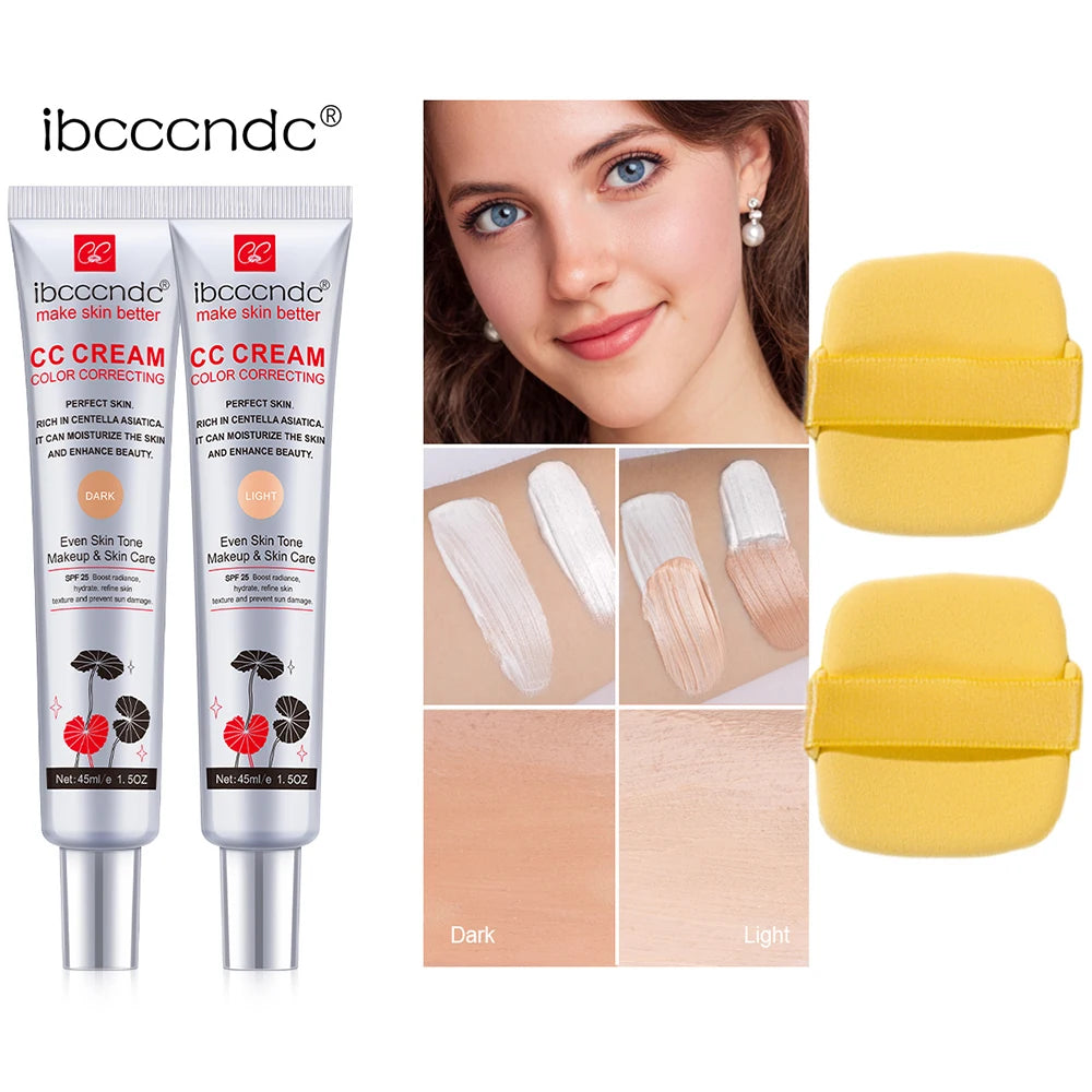 45ml Color Correcting CC Cream & Free Puff Centella Asiatica Repair BB Cream Concealer Whitening Liquid Foundation Cosmetics HIP 2pcs Free Puff