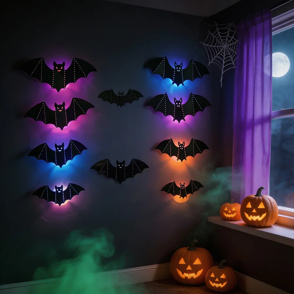 Universal Bat Wall Stickers with LED Night Light 8Pcs 3D Hollow-Out Glowing Bat Wall Sticker Halloween Party Festival Decoration HIP