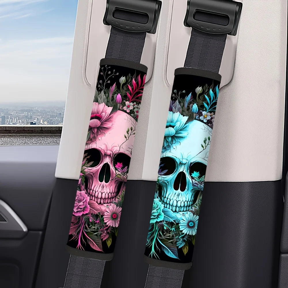 2-Pack Skull Floral Car Seat Belt Covers – Boho Gothic Seat Belt Cover HIP