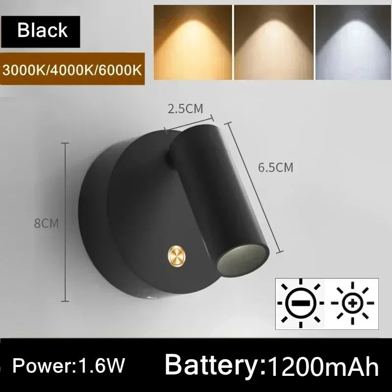 Dimmable LED Wall Light | Touch Switch & Magnetic Base | USB-C LED Wall Light HIP 1200mAh-Black 3000K-4000K-6000K DC5V
