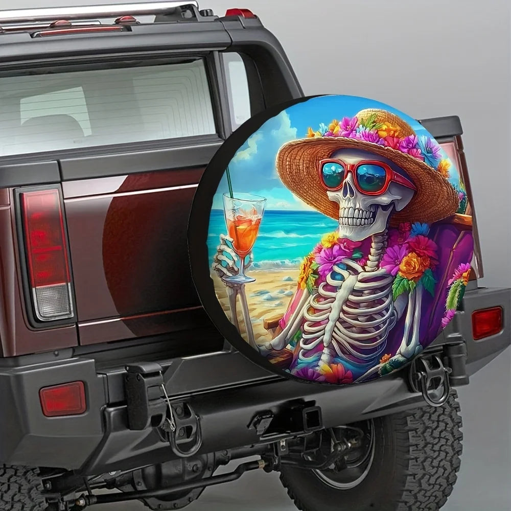 Seaside Skeleton Tire Cover – Tropical Beach Floral Design Spare Tire Cover HIP