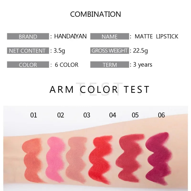 HANDAIYAN Matte Lipstick – 6-Color Moisturizing Long-Lasting Matte Lipstick HIP