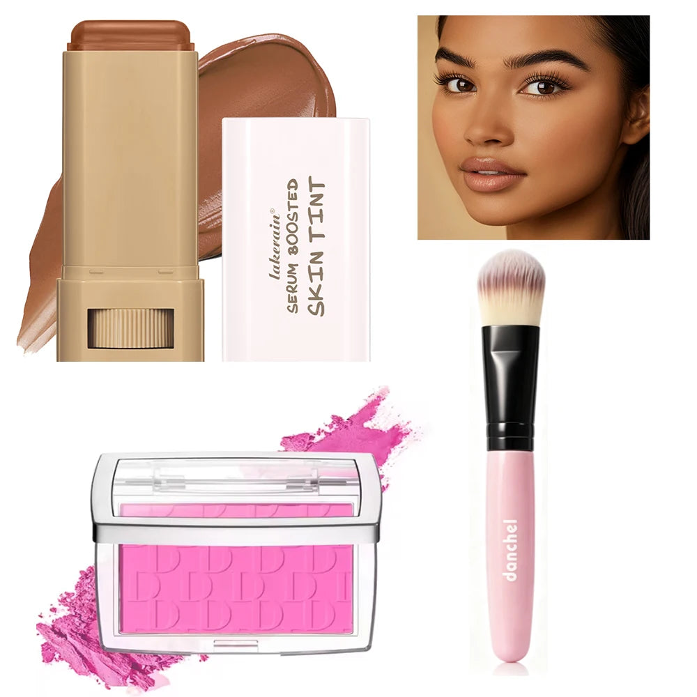 3pcs Skin Tint Stick Foundation & Pink Blush With Makeup Brush Coverage Even Skin Tone Blendable Travel Daily Face Cosmetics Kit HIP