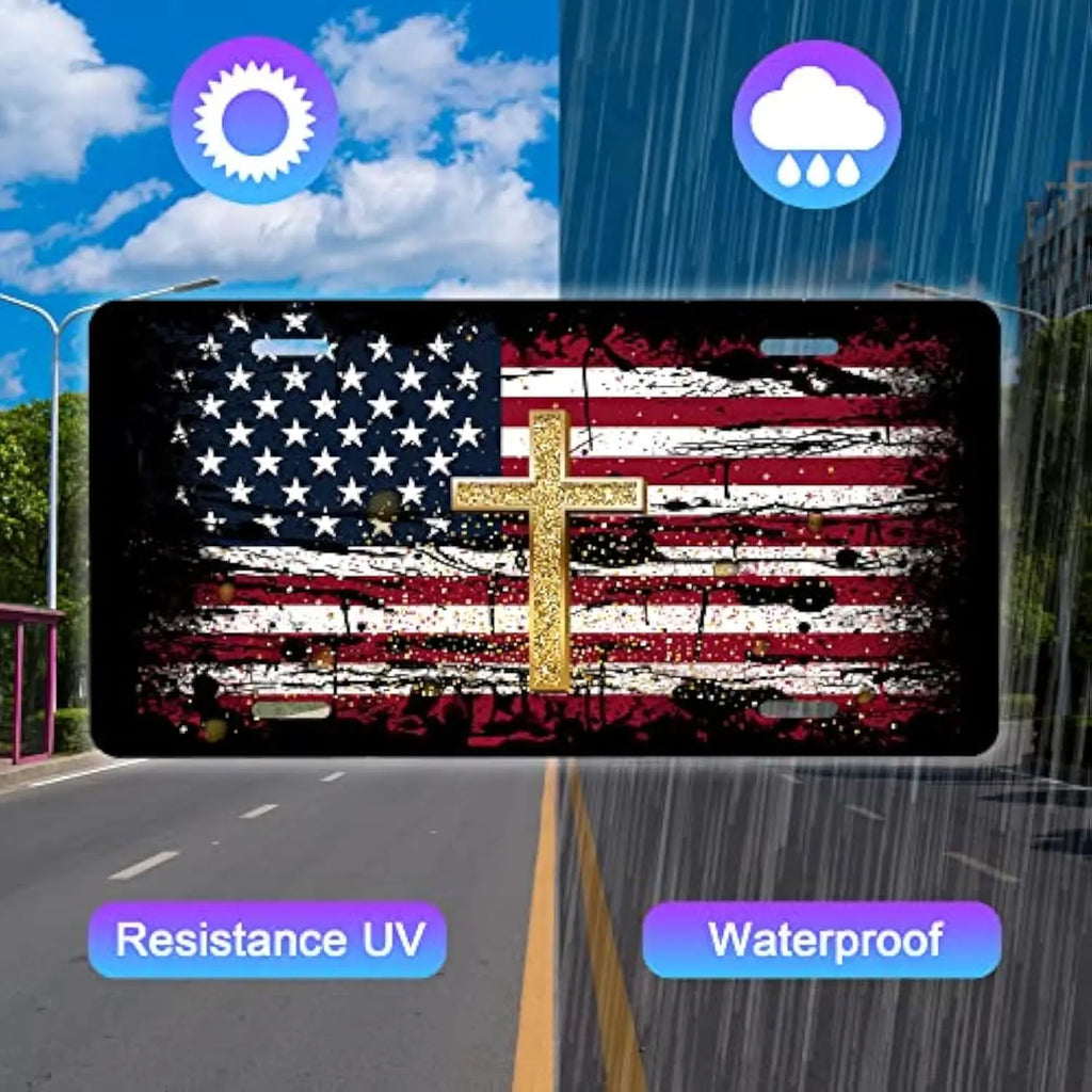 Christian Cross American Flag Distressed Metal License Plate Decorative License Plate HIP