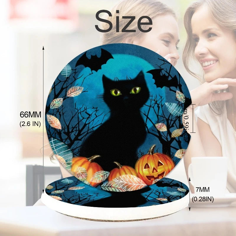 Halloween Car Cup Holder Coasters 2-Pack – Bat & Black Cat Car Cup Coasters HIP