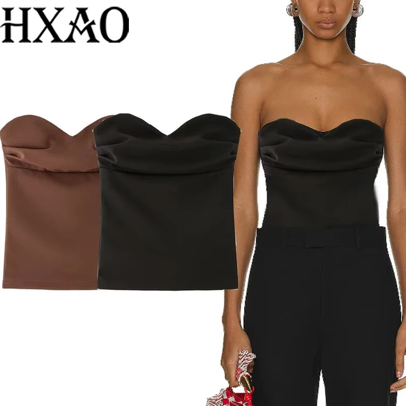 HXAO Women's Corset Crop Top Woman Summer Strapless Black Tube Top Ruched Backelss Sexy Solid Tops Off Shoulder Bustier 088 HIP