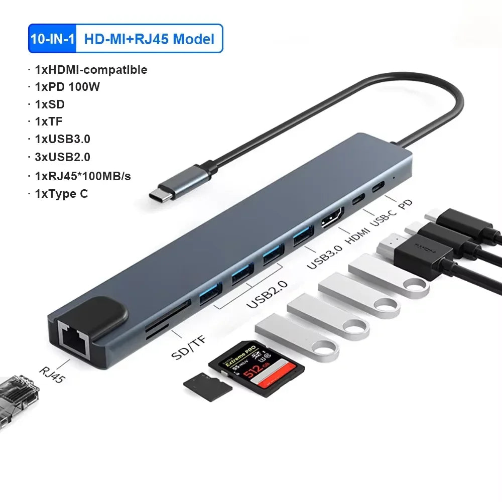 10-in-1 USB-C Docking Station – 4K HDMI, PD 100W & RJ45 USB-C Docking Station HIP 10-in-1