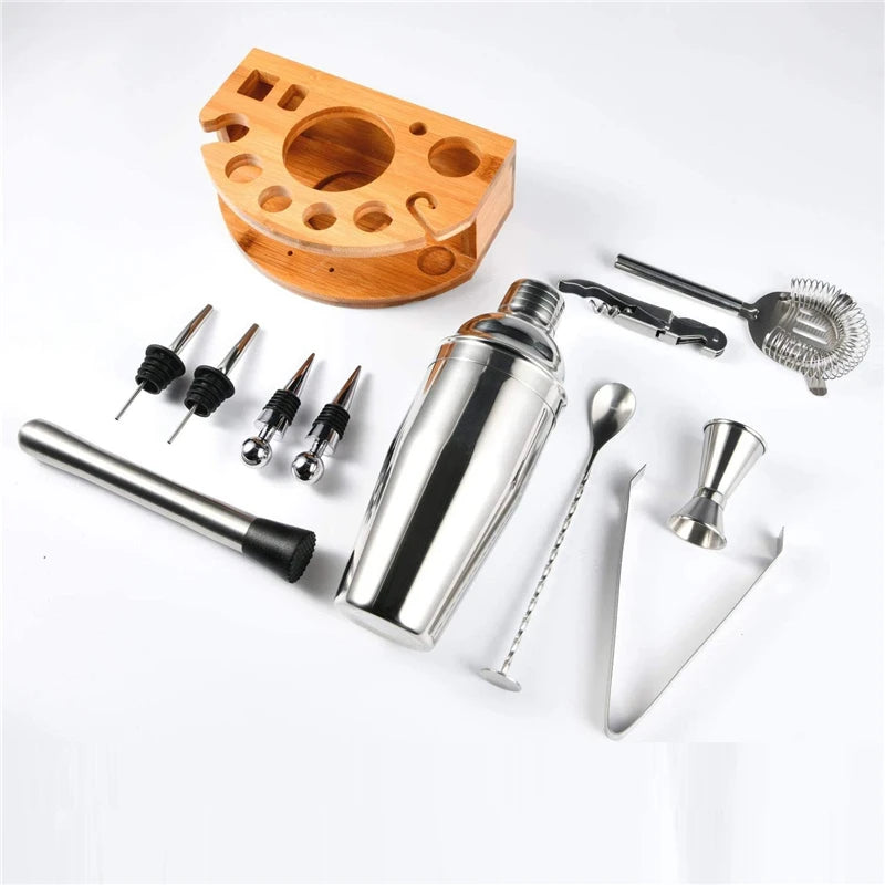 12-Piece Stainless Steel Cocktail Shaker Bartender Kit & Wooden Rack Cocktail Shaker Set HIP