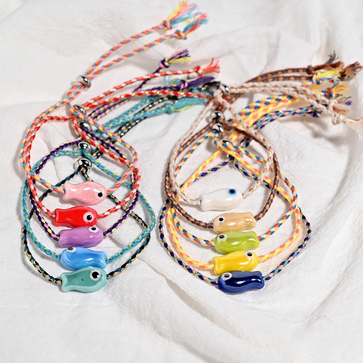 Set of 10Pcs Ceramic Fish Bracelet for Women Handmade Woven Colored Rope Boho Wrap Charm Bracelet Friendship Popular Jewelry HIP 1
