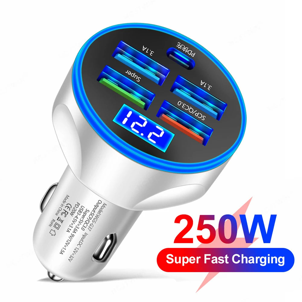 250W PD QC3.0 Car Charger – Fast USB-C & USB Car Adapter Car Charger Adapter HIP White