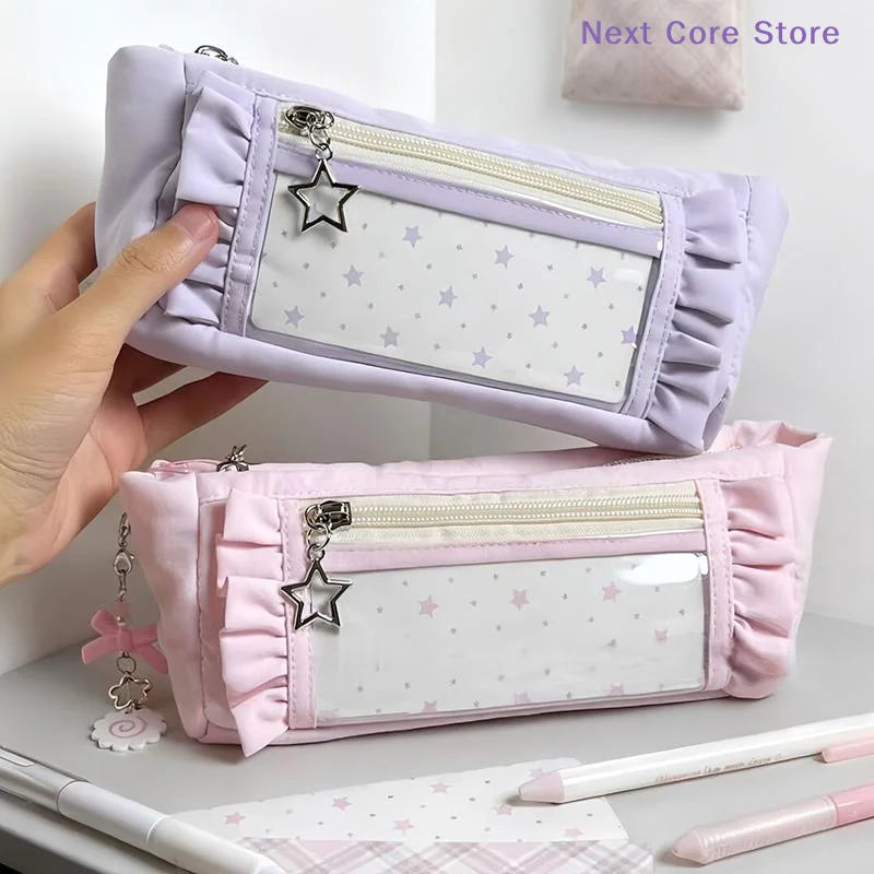 Large Lace Pencil Case – Dual Compartment Stationery Pen Bag Lace Pencil Case HIP