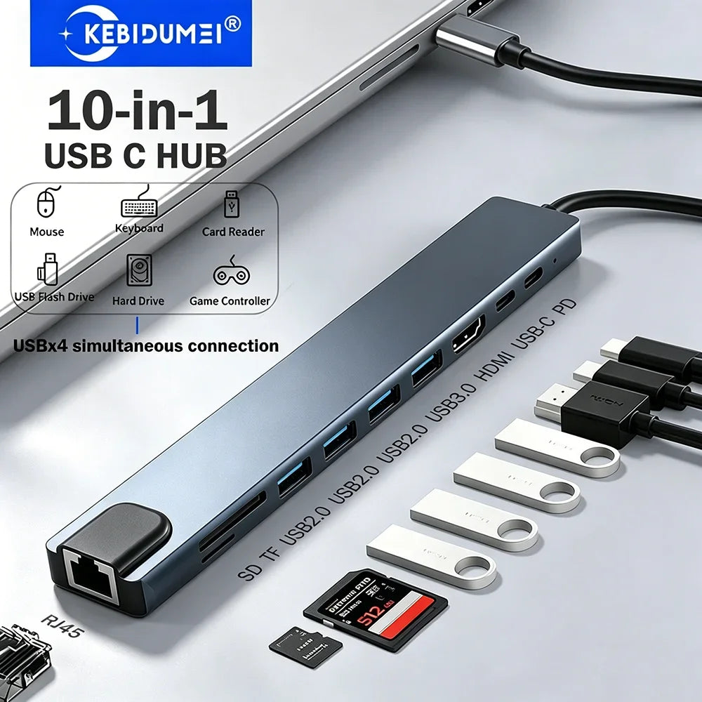 KEBIDUMEI 10-in-1 USB-C Hub – 4K HDMI, 100W PD, Ethernet USB-C Docking Station HIP