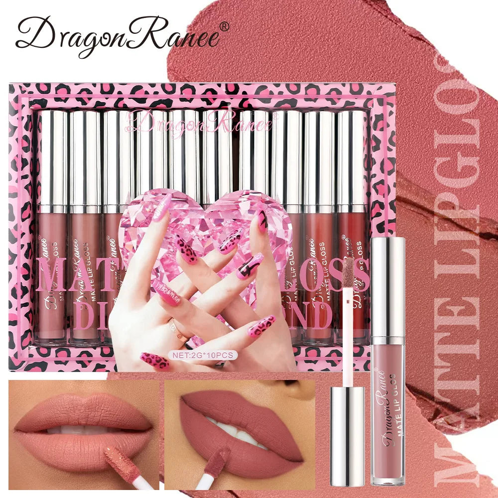 Dragon Ranee Velvet Matte Lip Gloss Set – 10 Pc Waterproof Matte Lip Gloss Set HIP