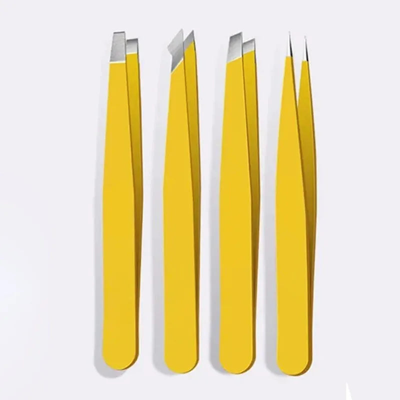 4-Piece Precision Stainless Steel Tweezers – Eyebrow & Facial Precision Tweezers Set HIP C518-yellow 4pcs