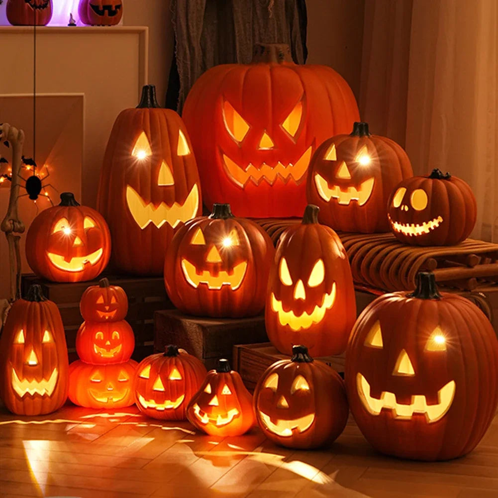 Halloween Home Yard Decor Prop Halloween LED Ghost Face Expression Pumpkin Lantern Realistic Artificial Pumpkin Decorative Light HIP