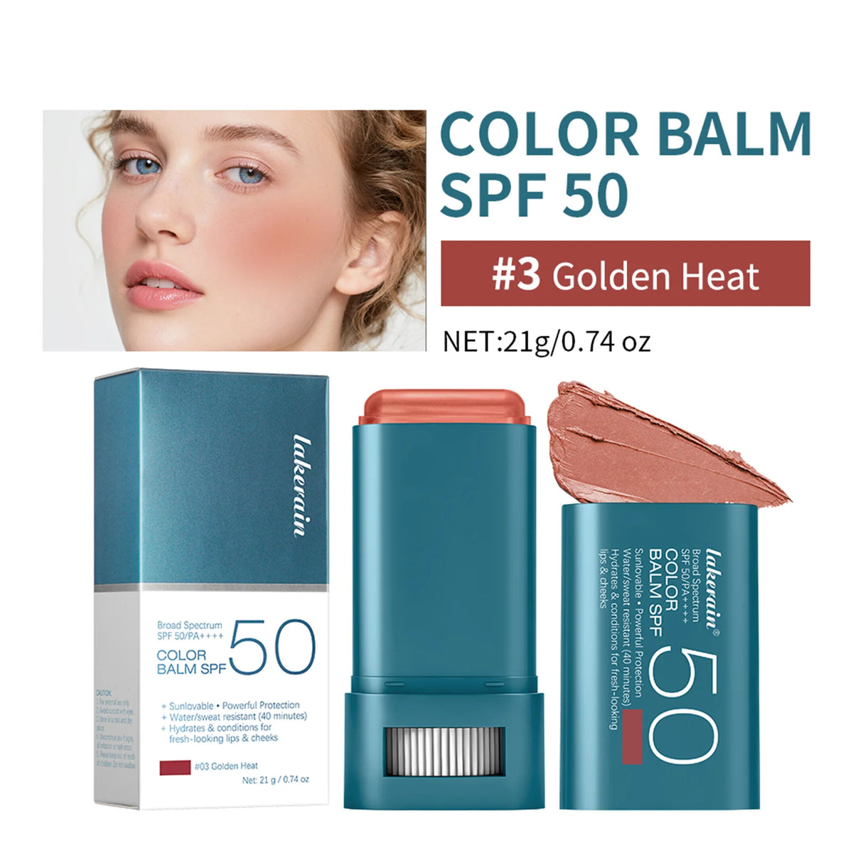 SPF 50 Sun Color Blush Balm Lip & Cheek Tint Hydrating Water Resistant Long Lasting Buildable Blush Natural Makeup HIP 03 Golden Heat