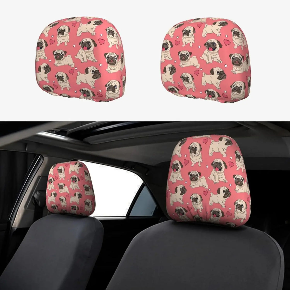 Cartoon Pug Dog Car Headrest Covers – Set of 2 | Universal Car Headrest Cover HIP