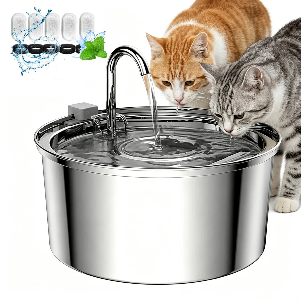 Stainless Steel Pet Water Fountain、3.2L/108oz、Auto、Ultra Quiet Pump、5/9Pcs Replacement Filters、Cats Dogs Multiple Pets HIP