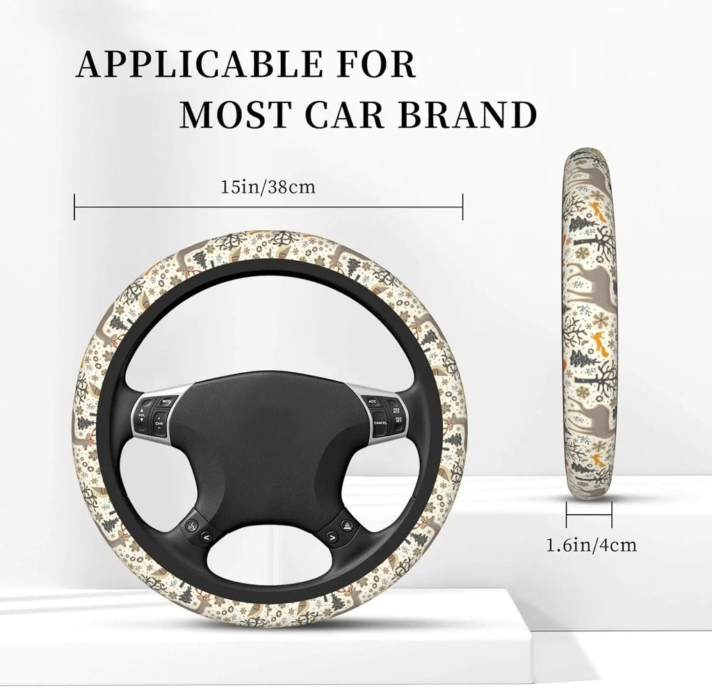 Winter Forest Steering Wheel Cover – Deer, Owl & Fox | 15" Steering Wheel Cover HIP