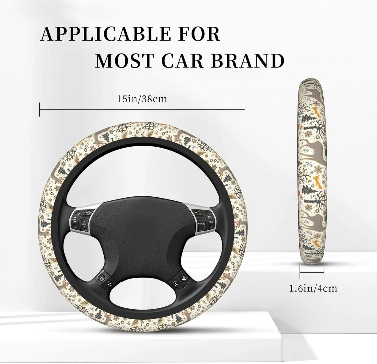 Winter Forest Steering Wheel Cover – Deer, Owl & Fox | 15" Steering Wheel Cover HIP