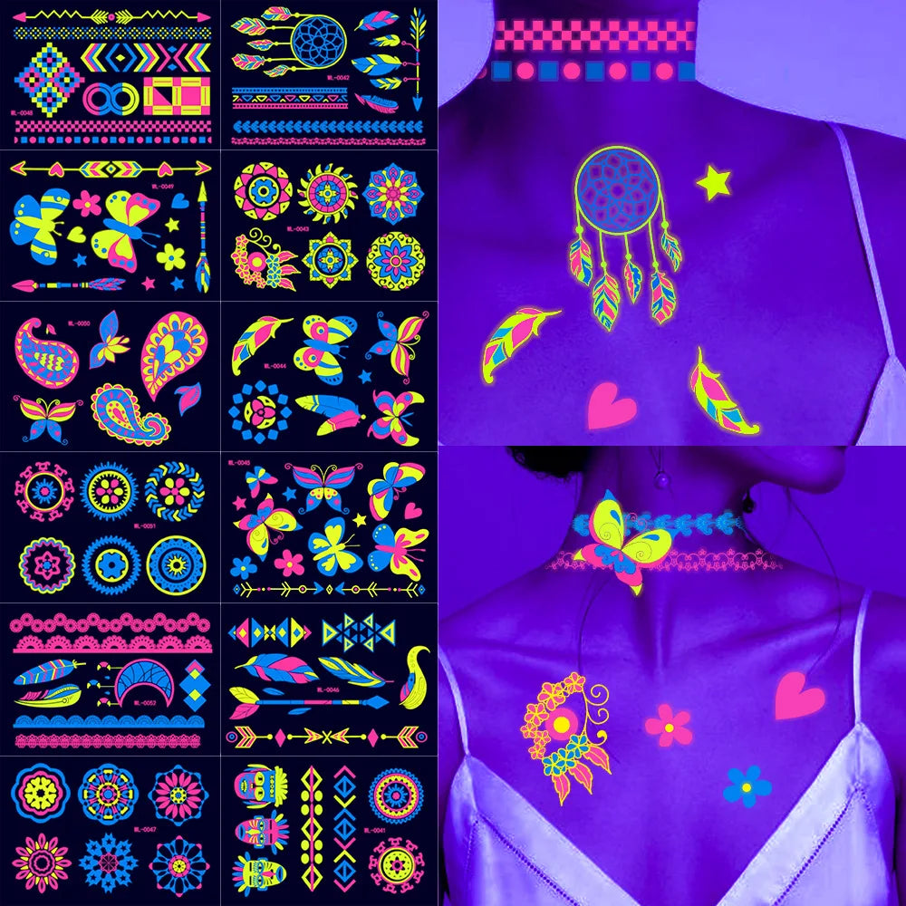 12/24pcs Luminous Temporary Tattoos Stickers UV Neon Fluorescent Glow in the Dark For Body Face Tattoo Stickers Party Accessorie HIP