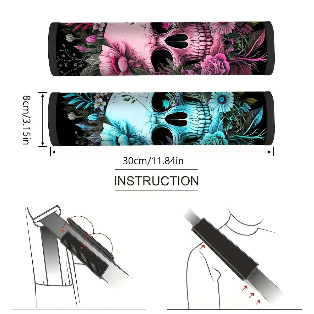 2-Pack Skull Floral Car Seat Belt Covers – Boho Gothic Seat Belt Cover HIP