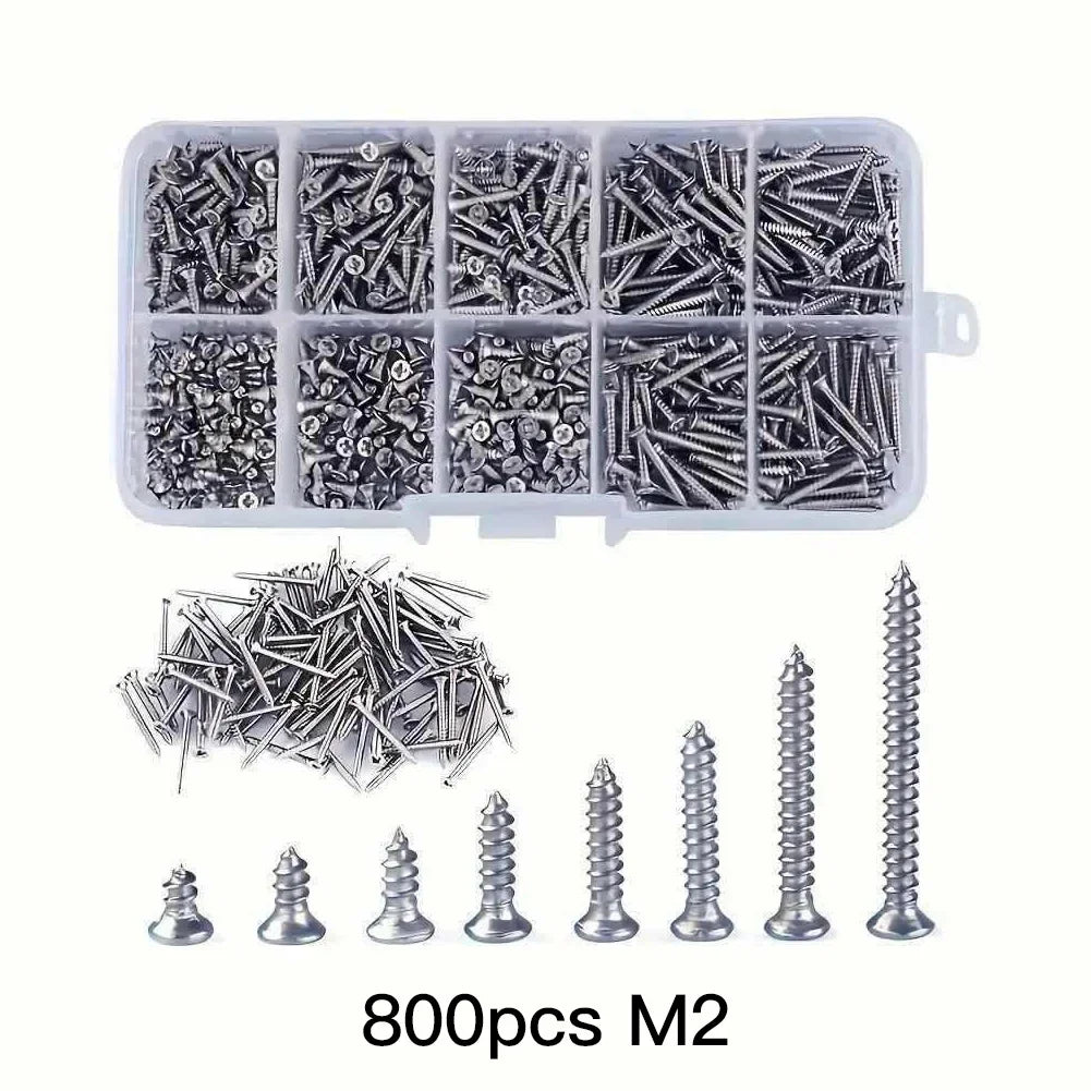 800PCS M2 Self Tapping Cross Screw Combination Kit Carbon Steel Countersunk Head Screws for Metal Plastic Wood DIY HIP 800pcs M2