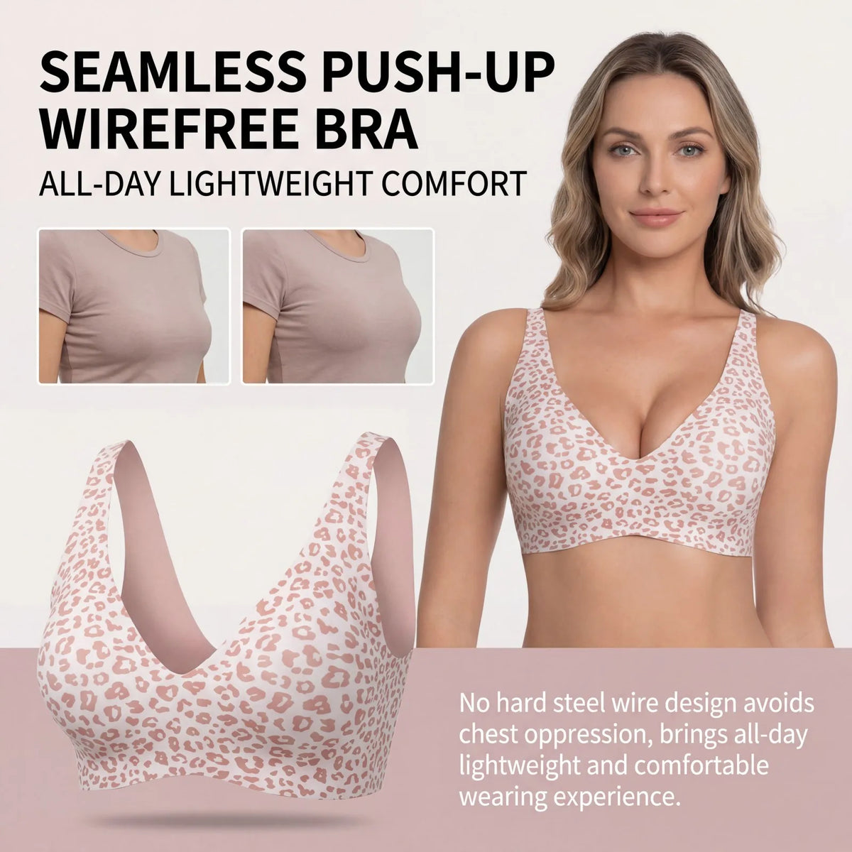 Zeriluna Women's Push Up Seamless Wireless Bra | Leopard Wireless Push Up Bra HIP