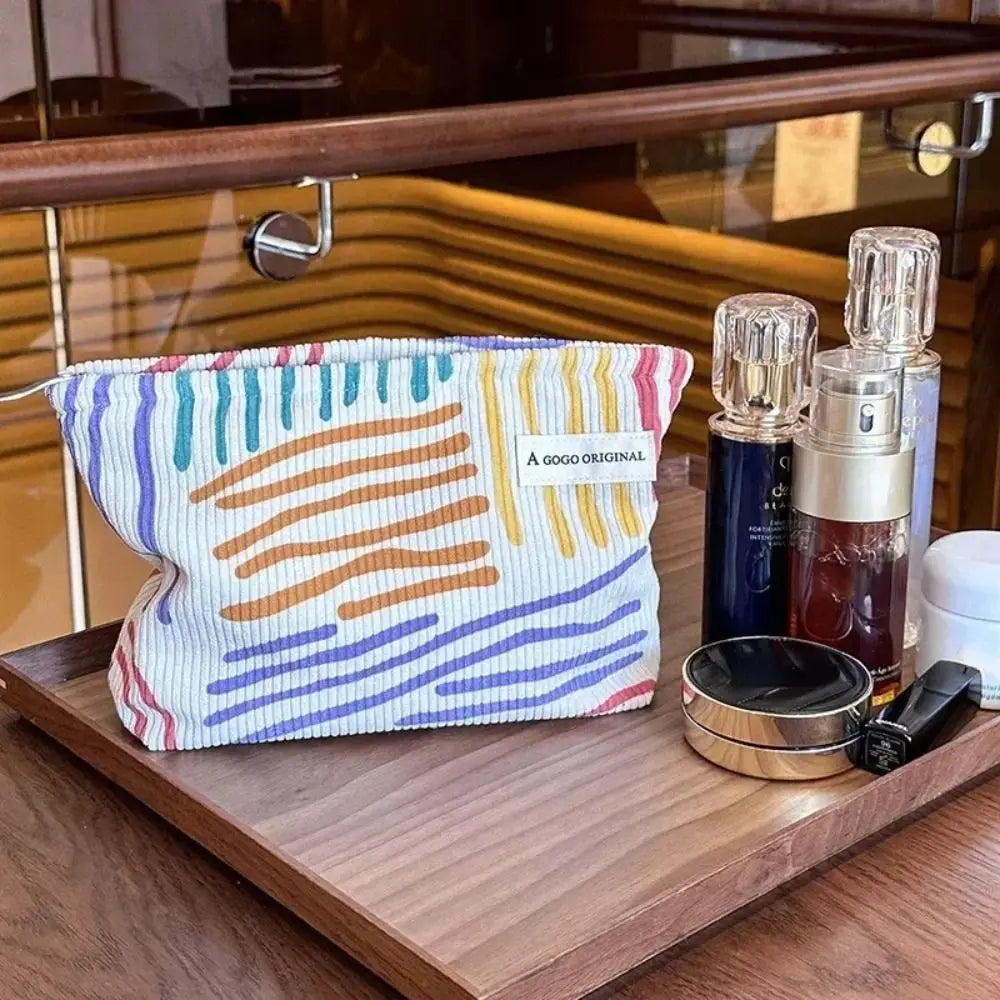 Corduroy Travel Makeup Bag – Striped Cosmetic Organizer Pouch Makeup Organizer Bag HIP