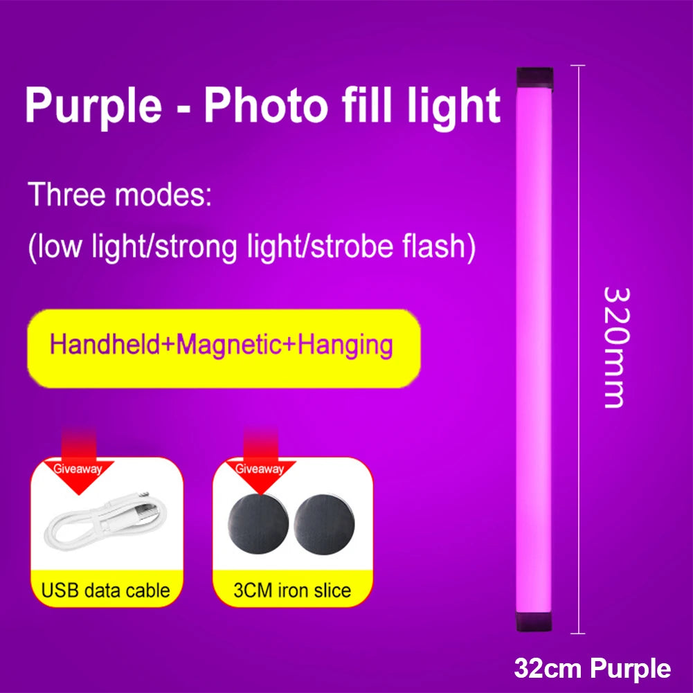 Handheld LED Fill Light LED Video Light Wand USB Rechargable Photography Lighting Adjustable Flash Light RGB Selfie Lamp HIP 32cm Purple