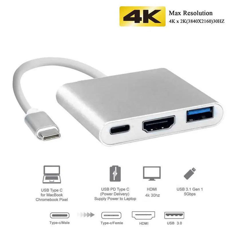 4K USB-C to HDMI Adapter – USB 3.0 Hub & 60W Charging USB-C Multiport Adapter HIP