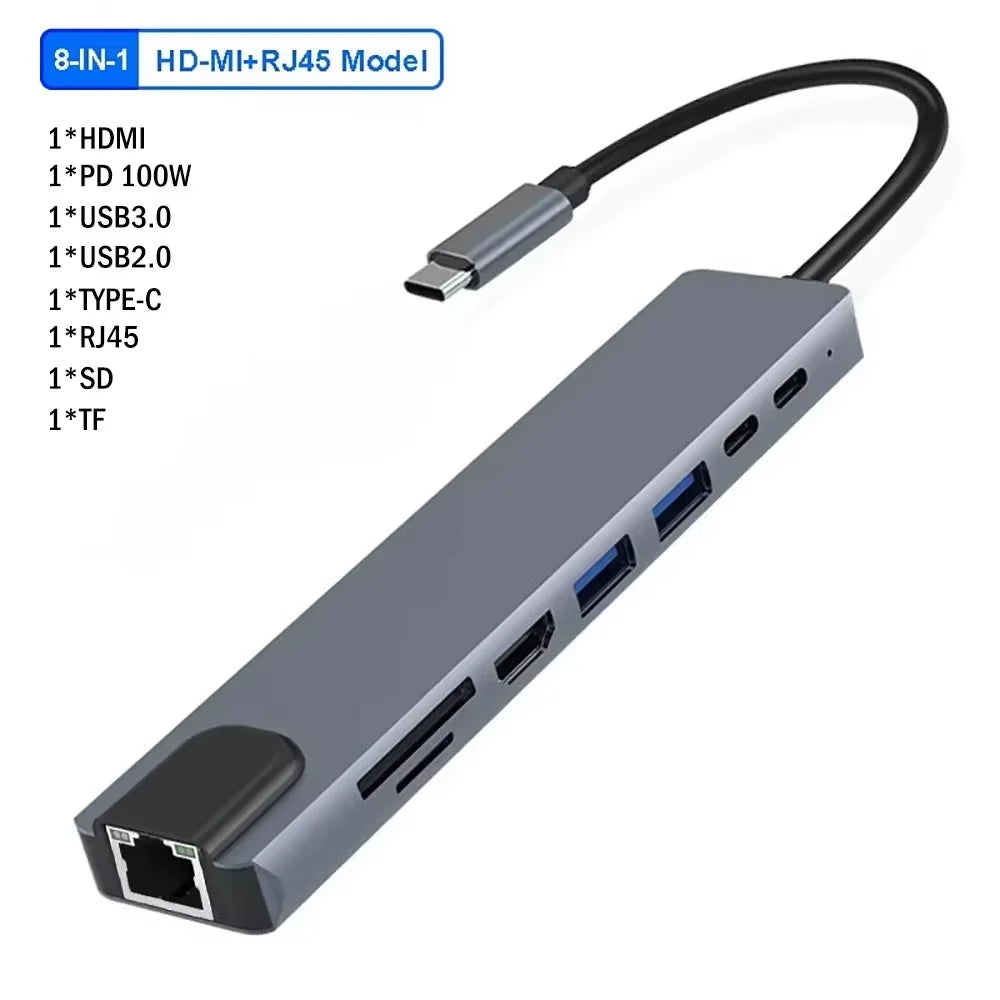 KEBIDUMEI 8-in-1 USB-C Hub – 4K HDMI, RJ45, PD 100W Dock USB-C Docking Station HIP 8-in-1