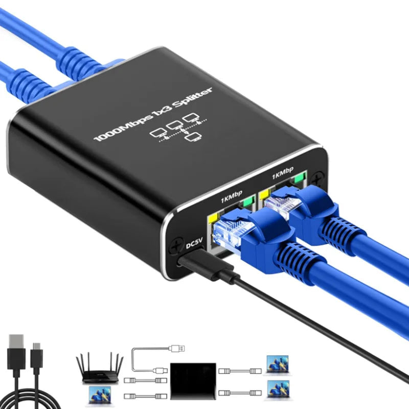 RJ45 Network Splitter 1 IN 4 OUT – 1000Mbps Gigabit Adapter Ethernet Network Splitter HIP