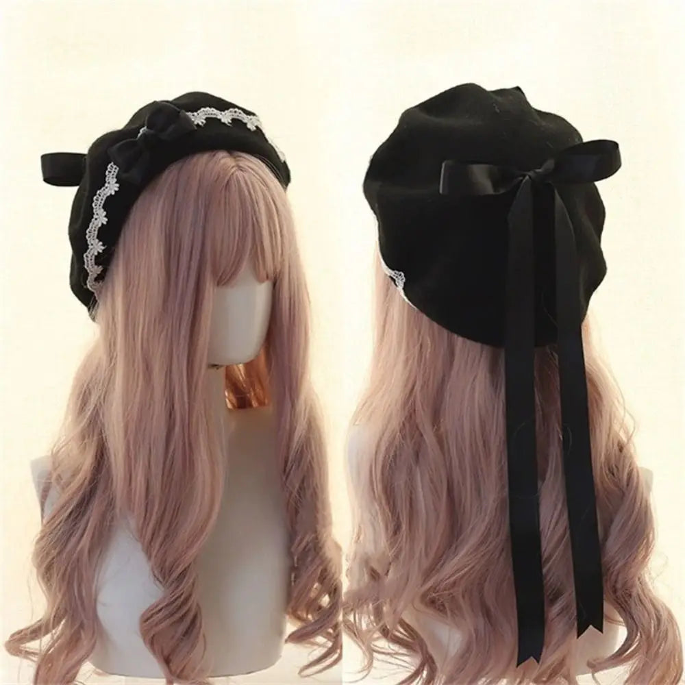 Japanese Lolita Wool Beret with Lace Bow – Winter Hat Winter Beret Hat HIP