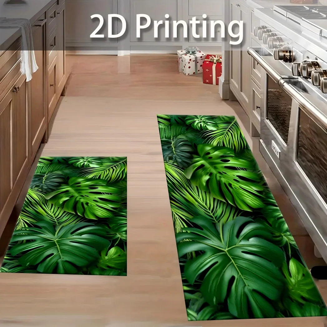 3D Monstera Leaf Runner Rug – Tropical Kitchen & Hallway Mat Printed Runner Rug HIP 2pc40x60-40x120felt