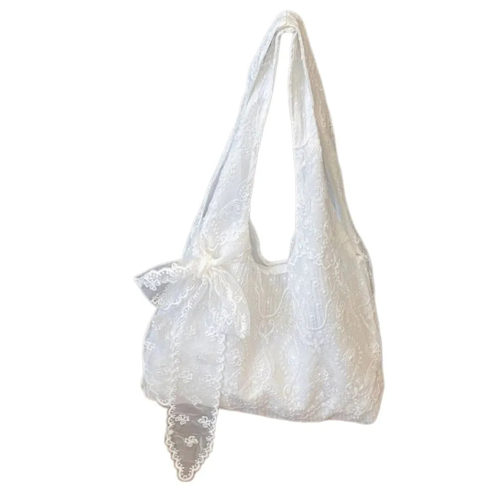Floral Lace Canvas Shoulder Bag with Silk Scarf | Underarm Tote Canvas Shoulder Bag HIP