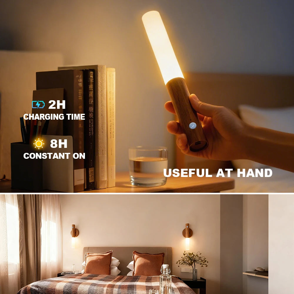 Magnetic LED Motion Sensor Wall Light – 360° Rotating Wood Lamp LED Wall Lamp HIP
