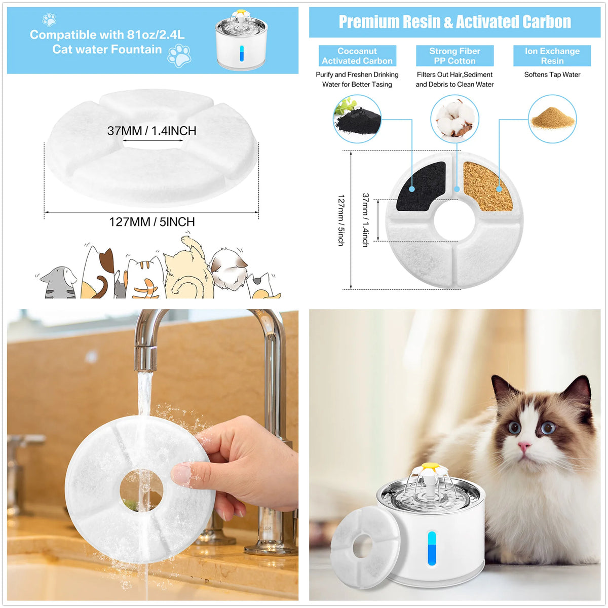 Pack of 8/12 Pet Water Fountain Filters Cat Dog Replacement Activated Carbon Filter Multiple Filtration Fit for 1.6L/2L/2.4L/3L HIP