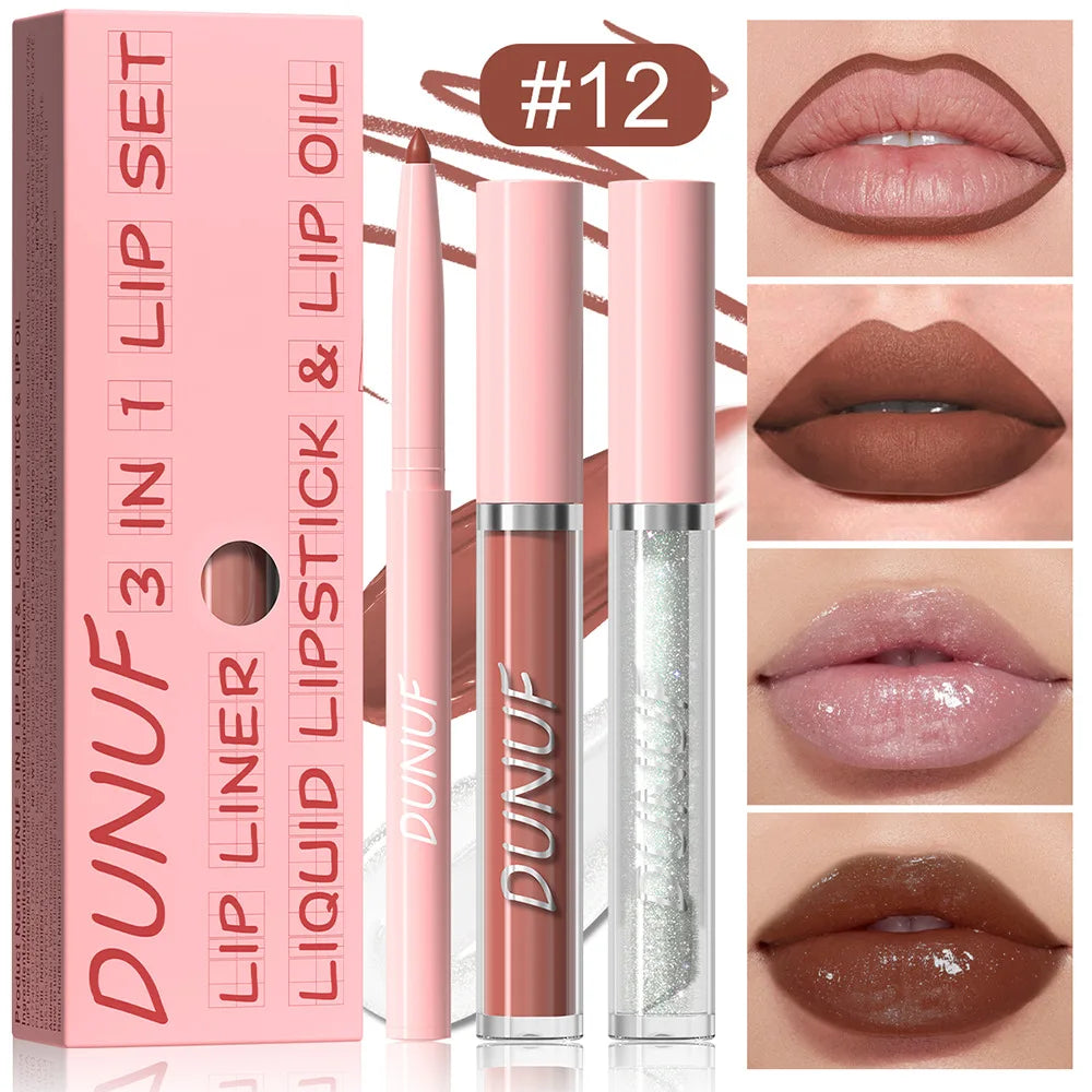 DUNUF 3-Pc Matte Lipstick, Lip Liner & Lip Oil Set – Rose Pink Lip Makeup Kit HIP 12