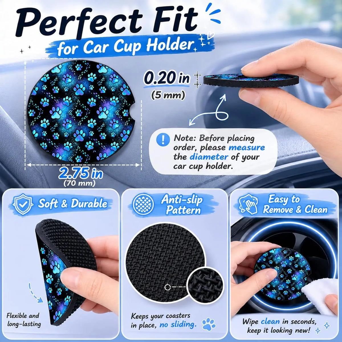 Paw Print Car Cup Holder Coasters – 2-Pack Neoprene Anti-Slip Car Cup Holder Coaster HIP