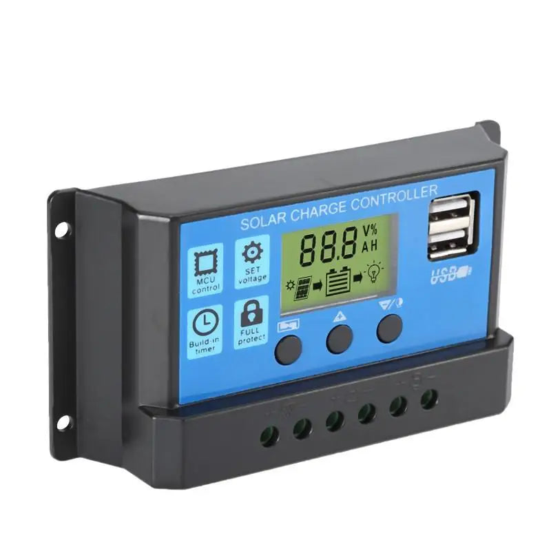 Solar Charge Controller 10A/30A PWM 12V/24V LCD Dual USB Solar Charge Controller HIP 30A Black