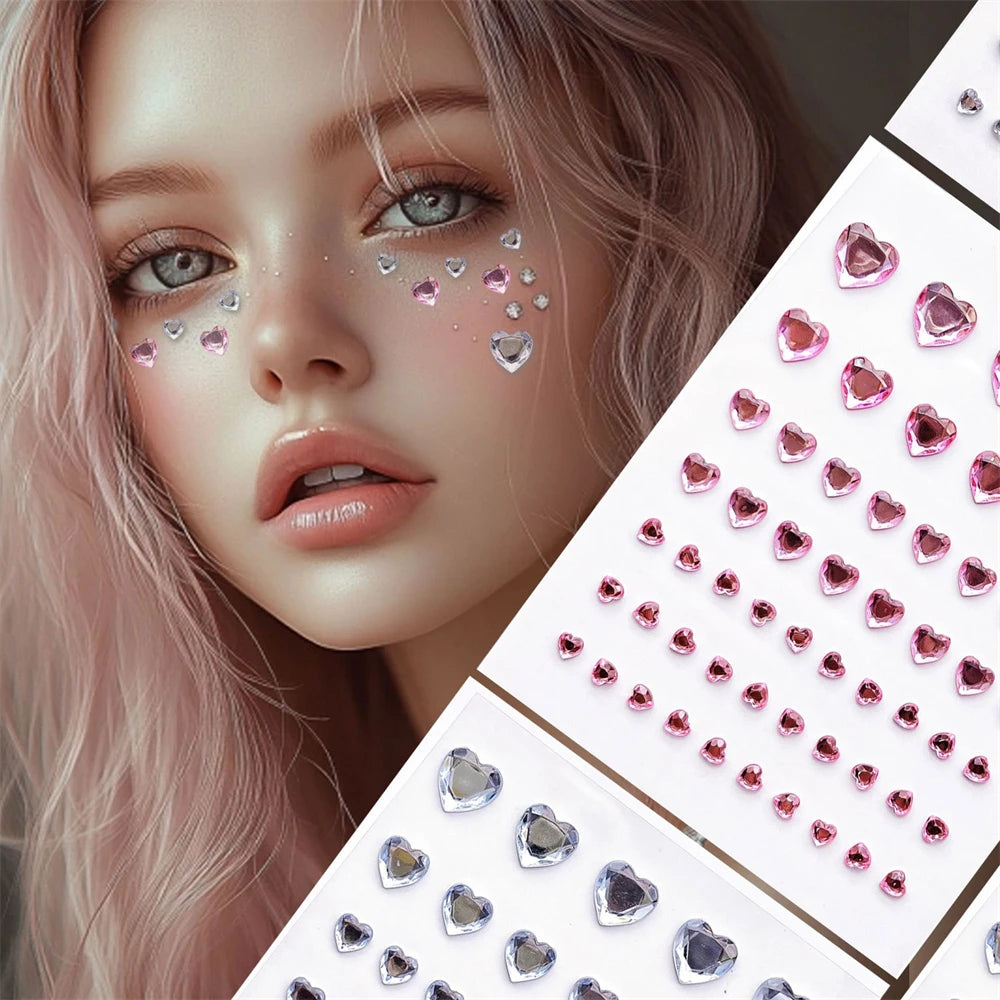57Pcs/sheet Heart Rhinestone Face Jewels Stickers 3D Multicolor Self-Adhesive Gems For DIY Festival Party Eye & Face Makeup Deco HIP