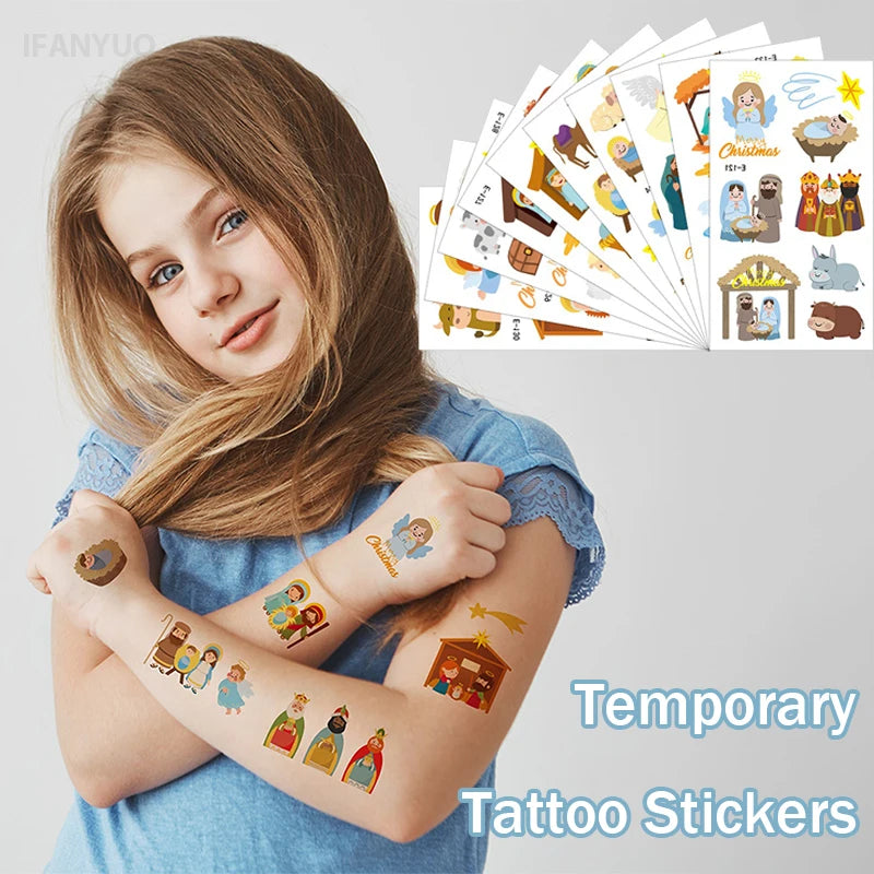 10/20Pcs Merry Christmas Tattoo Stickers Jesus Nativity Gingerbread Santa Elk Small Temporary Tattoo Xmas Kids Gift for Hand Arm HIP
