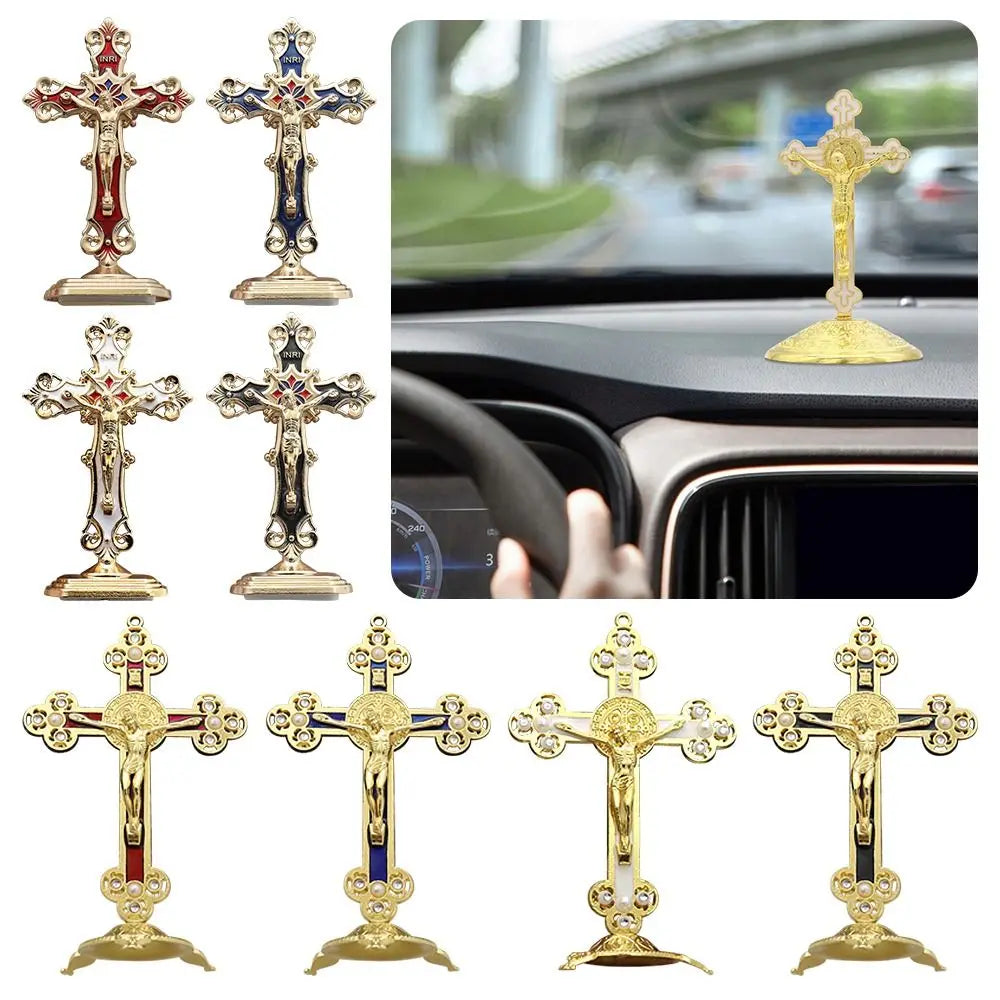 Golden Crucifix Metal Cross Figurine – Oil Drop Colors 8 & 14cm Religious Figurine HIP