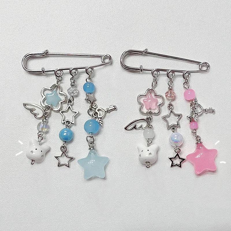 Cute cat safety pin pink and blue star matching bag charm y2k 1pcs HIP Pink