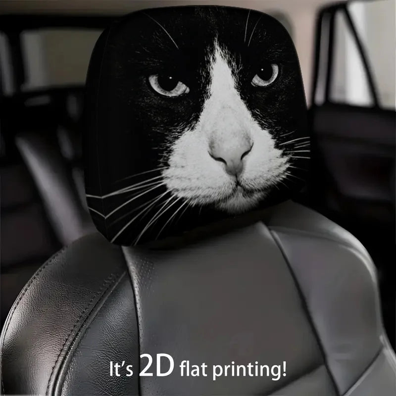 Black & White Cat Print Car Headrest Cover – 2D Flat Car Headrest Cover HIP